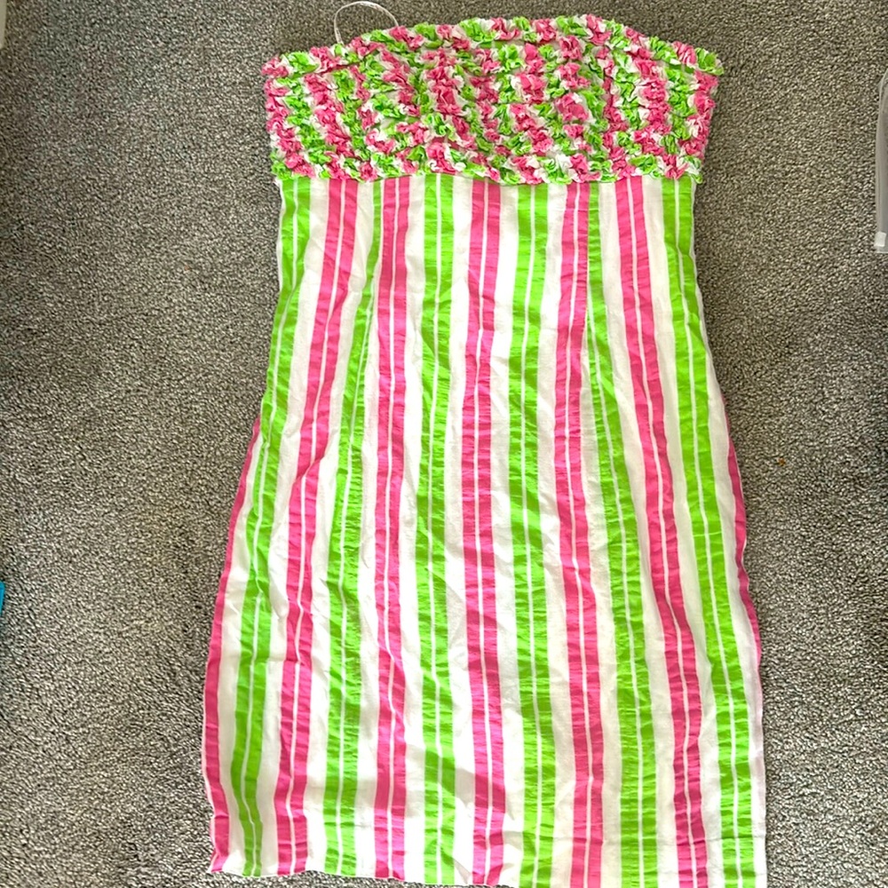 Lily Pulitzer pink  and green striped textured strapless dress